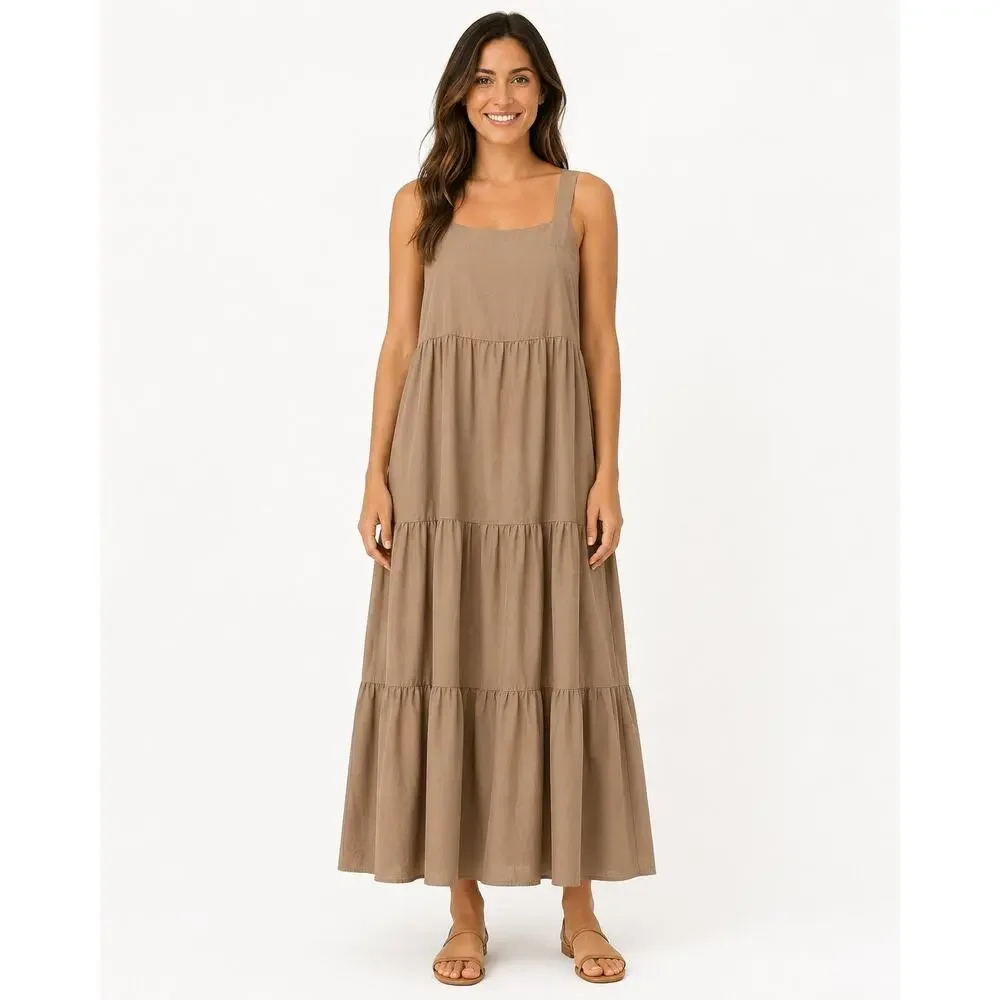 The Drop Taupe Tiered Maxi Dress Women’s Large Sleeveless Cotton Blend